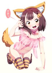 1girl animal_ears babydoll bare_shoulders blush breasts brown_hair choker claw_pose commentary_request crotchless crotchless_panties fake_animal_ears fake_tail fang female_focus fingernails fox_ears fox_tail frilled_choker frills full_body hair_ornament halloween_costume highres jack-o&#039;-lantern jack-o&#039;-lantern_hair_ornament loli looking_at_viewer maeshima_ryou navel open_mouth original panties pink_babydoll pink_choker pink_panties sharp_fingernails short_hair simple_background small_breasts smile solo striped_clothes striped_thighhighs tail thighhighs tongue underwear white_background yellow_eyes 