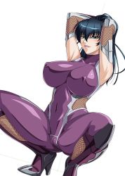  1girl armpits arms_behind_head arms_up blue_hair blush bodysuit breasts cameltoe commentary_request covered_collarbone covered_erect_nipples covered_navel elbow_gloves fishnets gloves green_eyes highres igawa_asagi kagami_hirotaka kneeling large_breasts lipstick long_hair looking_at_viewer makeup official_art parted_lips purple_bodysuit seductive_smile simple_background skin_tight smile solo taimanin_(series) taimanin_asagi thighhighs white_background  rating:Sensitive score:96 user:danbooru