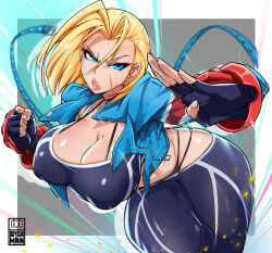  1girl artist_logo asymmetrical_gloves attack bayeuxman blonde_hair blue_eyes blue_jacket breasts cammy_white cleavage curvy fighting_stance fingerless_gloves gloves jacket large_breasts lips lowleg lowleg_pants pants scar scar_on_face short_hair solo street_fighter street_fighter_6 tank_top thick_thighs thighs tight_clothes tight_pants underwear wide_hips yoga_pants  rating:Sensitive score:57 user:halkras12