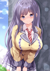  1girl blue_eyes blue_sky blush breasts brown_jacket closed_mouth cloud collared_shirt commentary_request day diagonal-striped_clothes diagonal-striped_necktie highres jacket large_breasts leaning_forward long_hair looking_at_viewer misumi_aoi necktie ongeki outdoors pleated_skirt purple_hair purple_skirt shirt skirt sky smile solo striped_clothes very_long_hair white_shirt xenon_(for_achieve) 