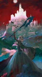  1boy 1girl arm_up axe black_cape black_jacket black_skirt blonde_hair blood blood_on_clothes blue_hair brown_gloves building cape castle chinese_commentary circlet cloud cloudy_sky commentary_request dimitri_alexandre_blaiddyd edelgard_von_hresvelg fake_horns fire_emblem fire_emblem:_three_houses floating_cape full_moon fur_trim gloves highres holding holding_axe holding_weapon horns jacket looking_at_another minty0 moon mountain nintendo outdoors outstretched_arm purple_eyes red_sky scenery short_hair sidelocks simple_bird skirt sky solo_focus standing weapon 