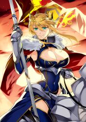 1girl artoria_pendragon_(fate) artoria_pendragon_(lancer)_(fate) breasts cleavage covered_navel fate/grand_order fate_(series) highres ishida_akira large_breasts looking_at_viewer non-web_source resized smile solo thighhighs upscaled