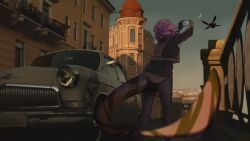  1girl asymmetrical_arms black_shirt building car cellphone city crescent_moon day ember_(selen_tatsuki) feet_out_of_frame from_behind grey_pants he_jiong head_wings highres holding holding_phone long_hair moon motor_vehicle nijisanji nijisanji_en outdoors pants phone purple_hair selen_tatsuki selen_tatsuki_(1st_costume) shirt sky solo_focus standing tail vehicle_request wings 