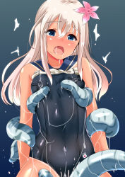 1girl blue_background blue_eyes blue_flower blue_one-piece_swimsuit blue_sailor_collar blush breasts covered_navel flower hair_between_eyes hair_flower hair_ornament kantai_collection long_hair one-piece_swimsuit one-piece_tan open_mouth restrained ro-500_(kancolle) sailor_collar saliva simple_background small_breasts solo swimsuit tan tanline tentacles tirasi_(so) rating:Questionable score:15 user:danbooru