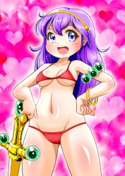  1girl athena_(series) bikini blue_eyes breasts cleavage hand_on_own_hip heart highres large_breasts legs long_hair navel princess_athena purple_hair red_bikini smile snk solo swimsuit sword thighs underboob weapon  rating:Sensitive score:2 user:spk