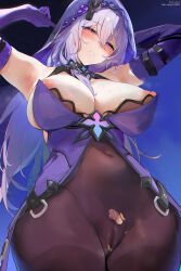 1girl armpits arms_up bare_shoulders black_pantyhose black_swan_(honkai:_star_rail) blush breasts breasts_apart breasts_out cleft_of_venus covered_navel crotch curvy dress elbow_gloves embarrassed female_pubic_hair gloves hair_between_breasts hair_between_eyes hair_ornament heavy_breathing highres honkai:_star_rail honkai_(series) large_breasts legs_together long_hair looking_at_viewer misaka_12003-gou multicolored_eyes nipples pantyhose parted_lips pubic_hair pubic_hair_peek purple_dress purple_gloves purple_hair purple_veil pussy pussy_peek simple_background sleeveless sleeveless_dress solo sweat torn_clothes torn_pantyhose twitter_username rating:Explicit score:199 user:ShinRei