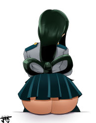  1girl absurdres ass ass_focus asui_tsuyu boku_no_hero_academia from_behind green_hair highres jmvmaa long_hair no_panties sitting skirt solo white_background  rating:Questionable score:110 user:FabricioDias