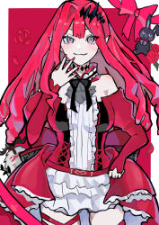  1girl baobhan_sith_(fate) baobhan_sith_(first_ascension)_(fate) bare_shoulders blush border breasts bule5491 cernunnos_(fate) detached_sleeves dress fang fate/grand_order fate_(series) frilled_dress frills grey_eyes hair_ornament hand_on_own_hip hand_up highres long_hair long_sleeves looking_at_viewer nail_polish pink_hair pointy_ears red_background red_dress red_nails skin_fang smile solo white_border 