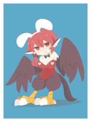  1girl animal_ears bare_shoulders big_o_pants bird_ears bird_legs bird_tail black_bow black_feathers black_wings blue_background blush_stickers bow breasts cleavage clothing_cutout commentary_request detached_collar fake_animal_ears feathers fio-chan_(big_o_pants) hair_between_eyes harpy heart_cutout highres large_breasts leotard long_hair monster_girl nipple_cutout nipples original playboy_bunny ponytail pussy_cutout rabbit_ears red_eyes red_hair red_leotard solo tail talons winged_arms wings 