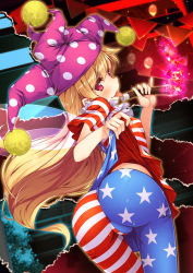1girl american_flag_dress american_flag_legwear ass blonde_hair breasts chima_q clownpiece fairy_wings hat jester_cap long_hair pantyhose pantylines pink_eyes skin_tight small_breasts smile solo striped_clothes striped_pantyhose tongue tongue_out torch touhou very_long_hair wings rating:Sensitive score:66 user:danbooru