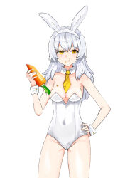 1girl animal_ears breasts carrot cleavage detached_collar eating fake_animal_ears food_on_body food_on_breasts goddess_of_victory:_nikke hand_on_own_hip holding leotard long_hair lzyhyt13024 medium_breasts necktie playboy_bunny rabbit_ears simple_background snow_white_(nikke) solo strapless strapless_leotard white_background white_hair white_leotard wrist_cuffs yellow_eyes yellow_necktie
