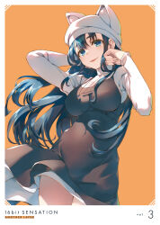  16bit_sensation 1girl animal_ear_headwear animal_ears blue_eyes blue_hair breasts cat_ears commentary_request cover dress fake_animal_ears hat highres jewelry large_breasts long_hair looking_at_viewer mitsumi_misato necklace official_art parted_lips shimoda_kaori_(16bit_sensation) smile solo 