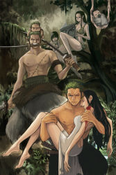  bare_legs barefoot black_hair breasts carrying cleavage frown green_hair hana_hana_no_mi if_they_mated injury koga_(017) legs long_hair looking_at_viewer multiple_persona nico_robin one_eye_closed one_piece princess_carry roronoa_zoro scar short_hair sword tree tribal weapon wink  rating:Sensitive score:50 user:mizz