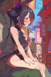  1girl 2boys architecture ass black_hair blue_archive bodypaint breasts butterfly_hair_ornament collarbone completely_nude day double_bun east_asian_architecture grey_eyes hair_bun hair_ornament heart highres kisaki_(blue_archive) loli long_hair multiple_boys nipple_stimulation nipples nude open_mouth outdoors painted_clothes public_indecency sitting small_breasts twintails villainchin 