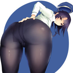 10s 1girl ass bent_over black_hair blush breasts from_behind hand_on_ass hat highres huge_ass kantai_collection large_breasts leaning leaning_forward looking_at_viewer omochi_(chirori01) open_mouth panties panties_under_pantyhose pantyhose red_eyes shiny_clothes short_hair solo takao_(kancolle) underwear rating:Questionable score:48 user:armorcrystal