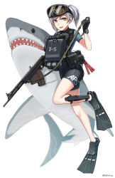  1girl :d absurdres animal aps_rifle_(girls&#039;_frontline)_(ndtwofives) aps_underwater_rifle assault_rifle black_gloves bodysuit brown_eyes co2_injection_knife co2_injection_weapon commentary_request diving_suit flippers full_body girls&#039;_frontline gloves goggles goggles_on_head grey_hair gun hand_up highres holding holding_gun holding_strap holding_weapon knife long_rifle looking_at_viewer ndtwofives needlegun open_mouth original rifle shark short_sleeves side_ponytail sidearm simple_background smile solo toz_(tulsky_oruzheiny_zavod) tsniitochmash tula_arms_plant twitter_username underwater_firearm underwater_magazine wasp_injection_knife watch weapon wetsuit white_background wristwatch 