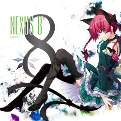  1girl adapted_costume album_cover alternate_costume animal_ears bare_shoulders black_thighhighs bow cat_ears cat_tail choker cover detached_sleeves dress frills full_body green_dress hair_bow hair_ornament high_heels highres kaenbyou_rin leg_ribbon long_hair long_sleeves looking_at_viewer matsuyama_nozomu multiple_tails puffy_sleeves red_eyes red_hair ribbon sitting smile solo strapless strapless_dress tail text_focus thighhighs touhou wide_sleeves 