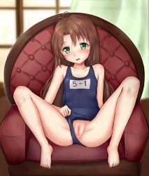 1girl :d antenna_hair ass bad_id bad_pixiv_id barefoot blue_one-piece_swimsuit blush brown_hair chair cleft_of_venus clitoris clothes_pull clothing_aside collarbone covered_navel curtains fat_mons feet female_focus flat_chest full_body green_eyes highres indoors knees_up koshigaya_komari legs loli long_hair looking_at_viewer name_tag non_non_biyori nyatrix old_school_swimsuit one-piece_swimsuit one-piece_swimsuit_pull open_mouth parted_bangs presenting pussy school_swimsuit shiny_skin signature sitting smile solo spread_legs swimsuit swimsuit_aside transparent uncensored very_long_hair window rating:Explicit score:212 user:Domestic_Importer
