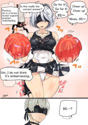  1boy 1girl alternate_costume ashiomi_masato bare_shoulders blindfold blush breasts cheerleader covered_navel english_text engrish_text expressionless groin highleg highleg_leotard leotard medium_breasts nier_(series) nier:automata open_mouth pod_(nier:automata) pom_pom_(cheerleading) ranguage short_hair speech_bubble sweatdrop text_focus white_hair 2b_(nier:automata) 9s_(nier:automata)  rating:Questionable score:28 user:report_yasuo_4_feed