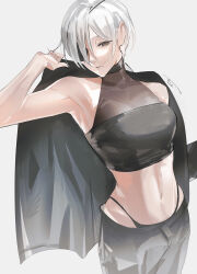 1girl absurdres black_pants chainsaw_man coat coat_on_shoulders crop_top eyepatch highres long_hair looking_at_viewer midriff pants ponytail quanxi_(chainsaw_man) seies_ss simple_background sleeveless solo thong white_background white_hair rating:Sensitive score:5 user:danbooru