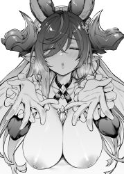 1girl animal_ears blush breasts collarbone extra_ears closed_eyes galleon_(granblue_fantasy) gloves granblue_fantasy greyscale hair_ornament horns large_breasts long_hair monochrome mushi024 nipples pointy_ears simple_background solo white_background  rating:Questionable score:50 user:danbooru