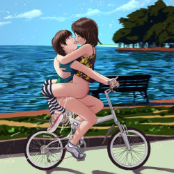 1boy 1girl arms_around_neck bad_anatomy bicycle bottomless brother_and_sister brown_hair child_on_child closed_eyes cum cum_in_pussy day french_kiss hetero highres hug incest izawa_(artist) kiss leg_lock little_brother loli ocean outdoors public_indecency riding sex shota siblings sky socks straddling striped_clothes striped_thighhighs thighhighs tongue tree upright_straddle water rating:Explicit score:472 user:Ruffy16