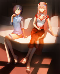  2girls bird_of_paradise_flower blackrabbitsoul blue_footwear blue_hair bob_cut brown_footwear china_dress chinese_clothes cleavage_cutout clothing_cutout cocktail_glass couch cup darling_in_the_franxx dress drink drinking_glass flower food fruit green_eyes hair_between_eyes hand_on_own_chin high_heels highres holding holding_food ichigo_(darling_in_the_franxx) long_hair multiple_girls pink_hair short_dress short_hair side-by-side side_slit sitting smile strawberry zero_two_(darling_in_the_franxx) 