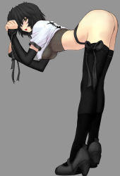  1girl against_wall alternate_color arched_back ass ayanami_rei bend bent_over black_hair black_panties black_thighhighs blush breasts covered_erect_nipples crop_top elbow_gloves female_focus fishnets full_body gloves goth_fashion grey_background hair_over_one_eye high_heels jpeg_artifacts legs looking_at_viewer looking_back medium_breasts mogudan neon_genesis_evangelion ninja open_mouth panties player_2 ribbon see-through shoes shop short_hair simple_background smile solo thighhighs third-party_edit thong underboob underwear unmoving_pattern yellow_eyes  rating:Questionable score:224 user:danbooru