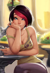 1girl absurdres alternate_costume bare_shoulders black_hair blue_eyes blurry breasts casual cleavage crossed_legs cup dagger depth_of_field fiora_(league_of_legends) hair_over_one_eye head_rest highres knife large_breasts league_of_legends lips looking_at_viewer mug multicolored_hair nose parted_lips raichiyo33 red_hair short_hair sitting smile solo strap_slip streaked_hair swept_bangs table tank_top two-tone_hair weapon rating:Sensitive score:201 user:danbooru
