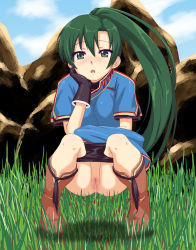 1girl black_panties boots cleft_of_venus fire_emblem fire_emblem:_the_blazing_blade gloves green_eyes green_hair highres hou_(hachiyou) long_hair lyn_(fire_emblem) nintendo panties pee peeing ponytail pussy relief solo squatting tagme uncensored underwear rating:Explicit score:160 user:danbooru