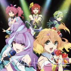  5girls :d album_cover animal_ears aqua_eyes aqua_gloves arm_at_side blonde_hair blue_eyes blue_hair bow breasts cleavage closed_mouth collared_shirt cover detached_collar detached_sleeves dot_nose everyone fascinator fingerless_gloves freyja_wion furrowed_brow gang_sign gloves green_eyes green_hair group_name half_gloves headphones high_side_ponytail highres holding holding_microphone idol kaname_buccaneer light_blue_hair macross macross_delta makina_nakajima matching_outfits medium_breasts microphone mikumo_guynemer multicolored_hair multiple_girls official_art open_mouth orange_hair outstretched_arm outstretched_hand pink_hair pink_lips puffy_detached_sleeves puffy_short_sleeves puffy_sleeves purple_eyes purple_hair rabbit_ears red_bow red_eyes red_hair reina_prowler shirt short_hair short_sleeves smile streaked_hair updo upper_body walkure_(macross_delta) wrist_bow 