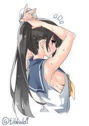 10s 1girl alternate_hairstyle armpits arms_behind_head bare_arms bare_shoulders black_hair blush breasts ebifurya from_behind grabbing_another&#039;s_hair highres isokaze_(kancolle) kantai_collection lips looking_at_viewer medium_breasts no_bra open_mouth ponytail red_eyes school_uniform serafuku shirt sideboob simple_background sleeveless sleeveless_shirt solo sweat twitter_username upper_body rating:Sensitive score:22 user:danbooru