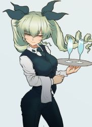  10s 1girl anchovy_(girls_und_panzer) cup drinking_glass girls_und_panzer green_hair mityubi solo tagme twintails waitress  rating:Sensitive score:4 user:horokami