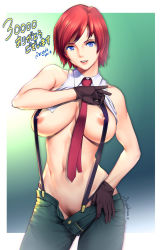  1girl artist_name bare_shoulders blue_eyes breasts female_pubic_hair gloves highres large_breasts navel necktie nipple_slip nipples no_panties open_fly pants pubic_hair red_hair redrawn saigado short_hair sleeveless snk solo suspenders the_king_of_fighters unbuttoned vanessa_(kof)  rating:Questionable score:97 user:danbooru