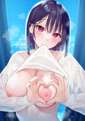  1girl bekotarou black_hair blurry blurry_background blush breasts city_lights cleavage clothes_in_mouth commentary_request curtains hair_between_eyes heart heart-shaped_pupils heart_hands highres large_breasts long_sleeves looking_at_viewer medium_hair mole mole_under_eye mouth_hold night nipples original pink_eyes shirt_in_mouth solo standing steam sweater symbol-shaped_pupils upper_body white_sweater window  rating:Questionable score:55 user:danbooru