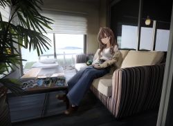 1girl bad_id bad_pixiv_id bell-bottoms belt blue_eyes brown_hair closed_mouth coffee coffee_mug coffee_table couch cup day denim high-waist_pants holding holding_cup indoors jeans long_hair looking_away mug original pants pillow railing roller_shades sakeharasu scenery shirt shirt_tucked_in short_sleeves sitting smile solo table white_shirt window rating:Questionable score:11 user:danbooru