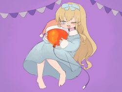  1girl absurdres balloon barefoot blonde_hair blue_dress blue_eyes blush bow collared_dress dress floating full_body hair_bow half-closed_eye hat highres holding holding_balloon ino_(tellu0120) long_hair long_sleeves nightcap nightgown one_eye_closed open_mouth pajamy_(vocaloid) pennant pigeon-toed purple_background sad_smile simple_background smile solo string_of_flags tearing_up unworn_hat unworn_headwear vocaloid 