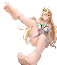  1girl bare_legs bare_shoulders blonde_hair blush breasts cleavage collar earrings feet foot_focus gem half-closed_eyes hand_on_leg highres jewelry leg_up legband lieqi_hun long_hair mythra_(radiant_beach)_(xenoblade) mythra_(xenoblade) simple_background sitting skindentation solo swimsuit thigh_strap tiara white_background xenoblade_chronicles_(series) xenoblade_chronicles_2  rating:Sensitive score:26 user:danbooru