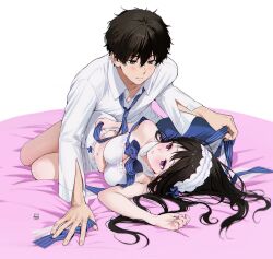  1boy 1girl alternate_costume arm_support artist_logo bare_shoulders bed_sheet blue_pants bow boy_on_top breasts brown_hair chitanda_eru cleavage closed_mouth couple eye_contact green_eyes hair_between_eyes hairband hetero highres hyouka large_breasts long_hair looking_at_another lying madoromi_no_yakusoku mery_(yangmalgage) navel necktie on_side oreki_houtarou pants parted_lips purple_eyes shirt shorts stomach striped_bow striped_necktie teeth vertical-striped_clothes vertical-striped_necktie white_background white_hairband white_shirt white_shorts 
