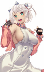 ahoge bare_shoulders black_gloves blue_eyes breasts collar cowboy_shot cropped_jacket dress elphelt_valentine fingerless_gloves gloves guilty_gear guilty_gear_strive hairband highres jacket large_breasts off_shoulder open_mouth pink_collar pink_hairband pink_jacket pink_lips short_hair sideboob simple_background sleeveless sleeveless_dress smile spiked_collar spiked_hairband spikes takanashi-a teeth tongue upper_teeth_only white_background white_dress white_hair 