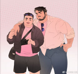 2boys arm_around_neck bara beard_stubble belly black_hair collared_shirt couple denim facial_hair fat fat_man finger_grab highres holding_hands jeans looking_at_viewer lovesheng1314 male_focus mature_male multiple_boys original pants pink_shirt shirt short_shorts shorts smile stubble thick_arm_hair thick_eyebrows thighs yaoi