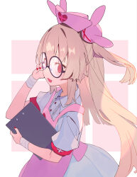 &gt;_&lt; 1girl :d adjusting_eyewear apron armband bandaged_wrist bandages bespectacled blonde_hair blush center_frills collared_dress commentary_request dress fang frills from_side glasses hair_ornament hajime_(hajime-ill-1st) hand_up hat heart heart_print highres holding long_hair looking_at_viewer nail_polish natori_sana nurse_cap open_mouth pink_apron pink_hat puffy_short_sleeves puffy_sleeves rabbit_hair_ornament red_armband red_eyes red_nails round_eyewear sana_channel short_sleeves smile solo two_side_up virtual_youtuber white_dress
