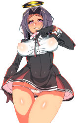 10s 1girl bad_id bad_pixiv_id blush bow bow_panties breasts covered_erect_nipples crotch_seam curvy female_focus from_below gloves halo highres kantai_collection large_breasts looking_at_viewer lowleg lowleg_panties mechanical_halo nipples osuman_toruko panties parted_lips purple_eyes purple_hair school_uniform see-through short_hair smile solo tatsuta_(kancolle) thigh_gap underwear upskirt white_panties wide_hips rating:Questionable score:19 user:danbooru