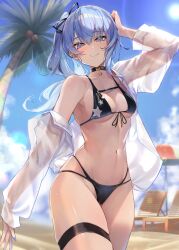  1girl arm_up beach beach_chair beach_umbrella bikini black_bikini black_choker blue_eyes blue_hair blue_nails blue_sky breasts choker closed_mouth cloud coconut coconut_tree commentary_request cowboy_shot day earrings hair_ribbon highres hololive hoshimachi_suisei jewelry navel off_shoulder omoti_(1201208) outdoors palm_tree ribbon shirt side_ponytail skindentation sky small_breasts smile solo star_(symbol) star_earrings star_in_eye stomach sunlight swimsuit symbol_in_eye thigh_strap tree umbrella virtual_youtuber white_shirt 