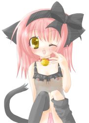  1girl animal_ears artist_request asymmetrical_clothes asymmetrical_legwear bell black_bow black_hairband black_thighhighs blush bow cat_ears cat_girl cat_tail character_request collar collarbone copyright_request fang flat_chest hair_bow hairband jingle_bell lingerie loli long_hair looking_at_viewer neck_bell negligee nipples one_eye_closed open_mouth panties pink_hair pink_panties pink_theme ribbon see-through sitting tail thighhighs underwear white_background wink yellow_eyes  rating:Questionable score:5 user:Anonymous