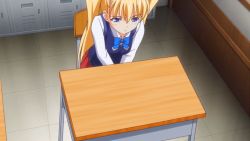  00s 1girl akizuki_airi animated animated_gif blonde_hair blue_eyes classroom desk headdesk long_hair oni_chichi school school_uniform solo twintails  rating:Sensitive score:51 user:fapsam