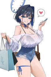  1girl alternate_costume archinoer bag bare_arms bare_shoulders bikini bikini_top_only black_bikini black_bra black_hair blue_eyes blue_hair blue_nails blue_shorts blush bra breasts choker cleavage colored_inner_hair commentary denim denim_shorts earrings grin hair_intakes hair_ornament hairclip heart high-waist_shorts highres holding holding_phone hololive hololive_english jewelry large_breasts long_sleeves looking_at_viewer multicolored_hair off_shoulder ouro_kronii phone see-through see-through_shirt shirt shirt_tucked_in shopping_bag short_hair short_shorts shorts shoulder_bag simple_background smile solo speech_bubble spoken_heart swimsuit symbol-only_commentary thigh_strap thighs underwear virtual_youtuber wet wet_clothes wet_shirt white_background white_shirt  rating:Sensitive score:29 user:danbooru