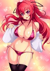  1girl :d absurdres artist_name bare_shoulders bikini breasts choker cleavage collarbone gluteal_fold hair_between_eyes hair_ornament hair_ribbon heart heart_print highres huge_breasts joseph_cereceda long_hair looking_at_viewer naruse_mio nipples no_bra off_shoulder open_clothes open_mouth open_shirt red_bikini red_choker red_hair ribbon shinmai_maou_no_testament shiny_skin signature smile solo swimsuit teeth thighhighs upper_teeth_only  rating:Questionable score:94 user:danbooru