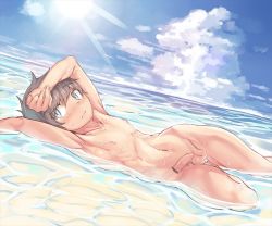 1boy black_hair blue_eyes blush cloud dutch_angle male_focus navel nayoshi_(r-744) nipples nude ocean original outdoors partially_submerged penis short_hair sky solo sun testicles water  rating:Explicit score:121 user:Touchtail