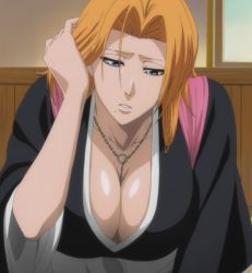  1girl bleach blue_eyes breasts chain_necklace cleavage corrupted_metadata huge_breasts indoors jewelry large_breasts matsumoto_rangiku necklace orange_hair screencap solo stitched third-party_edit  rating:Questionable score:263 user:RafaDX